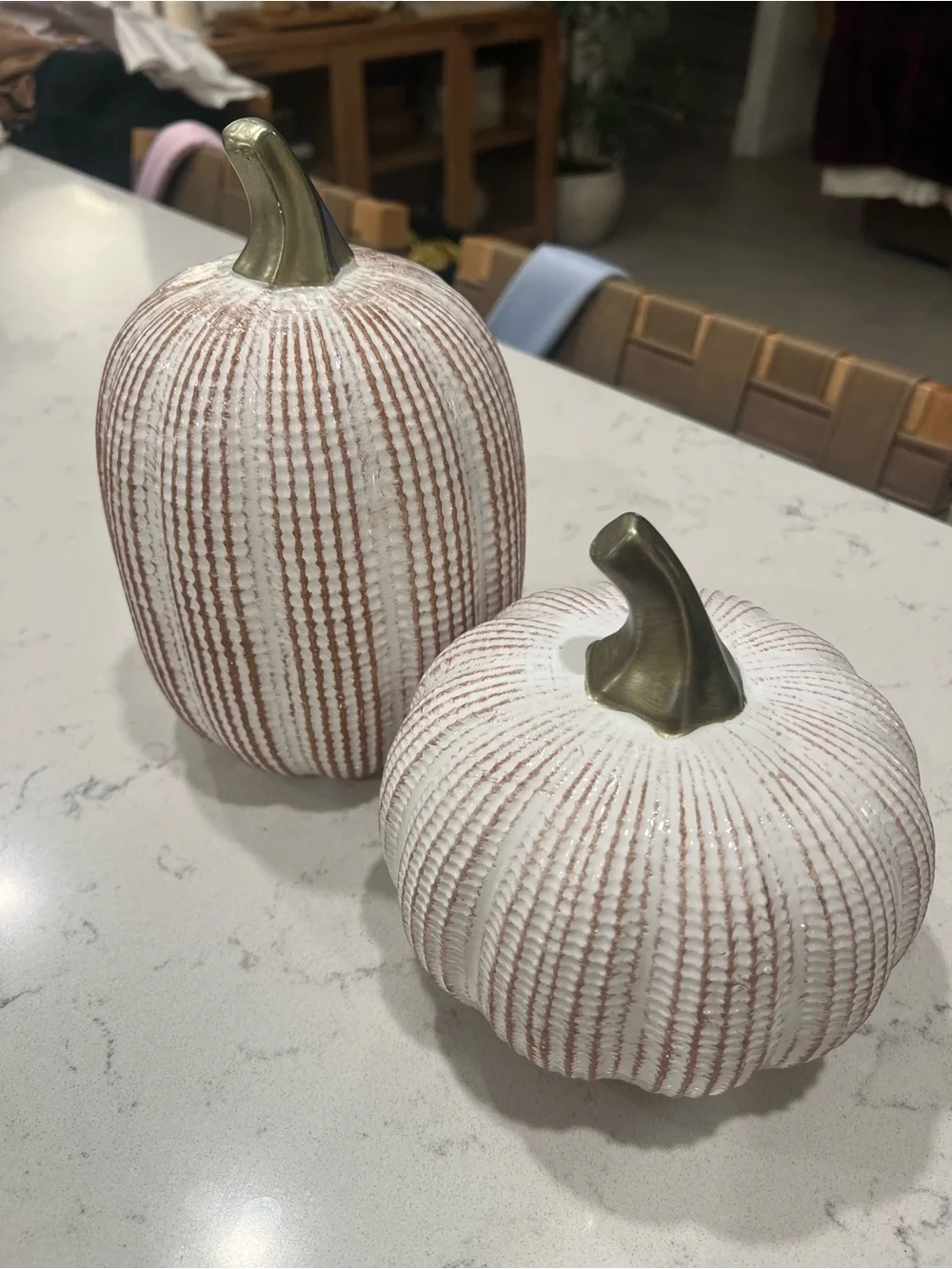 Pair of Ceramic White and Brown Textured Pumpkins with Brass Stems